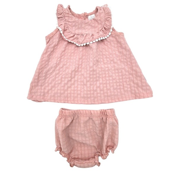 Ivy + Hill Other - Ivy + Hill Baby Girl Pink Seersucker Ruffle Pom Pom Top and Bloomers Set 12-18M